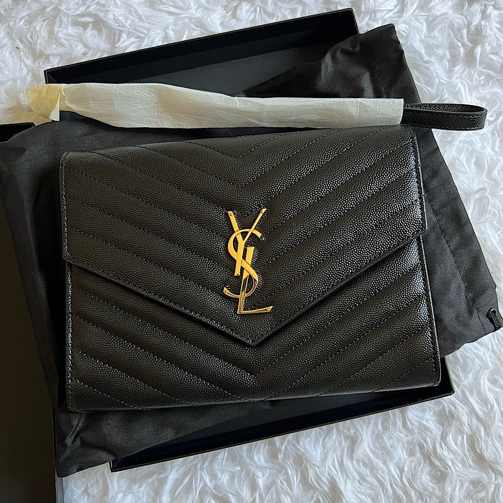 YSL black leather wristlet one size NWT
